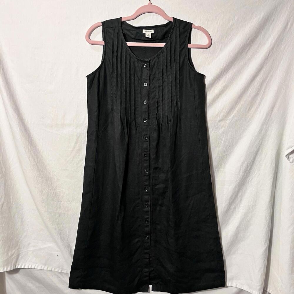 L.L. Bean Black Sleeveless Button-Front Linen Dress